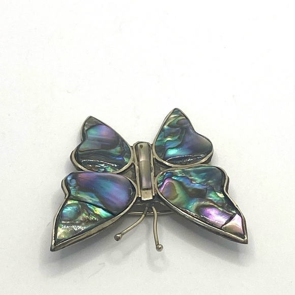 MEXICO Alpaca Abalone Shell Butterfly Brooch VTG - Picture 6 of 10